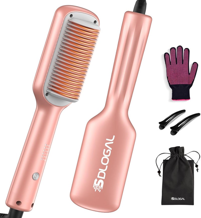 SDLOGAL Hair Straightener Brush, Hair Straightener Comb Straightening Brush for Women, with 5 Temps & Fast Heating, Easy and Fast Salon-Style, Plus Dual Voltage Travel Friendly-(Rose Gold) - Image 1